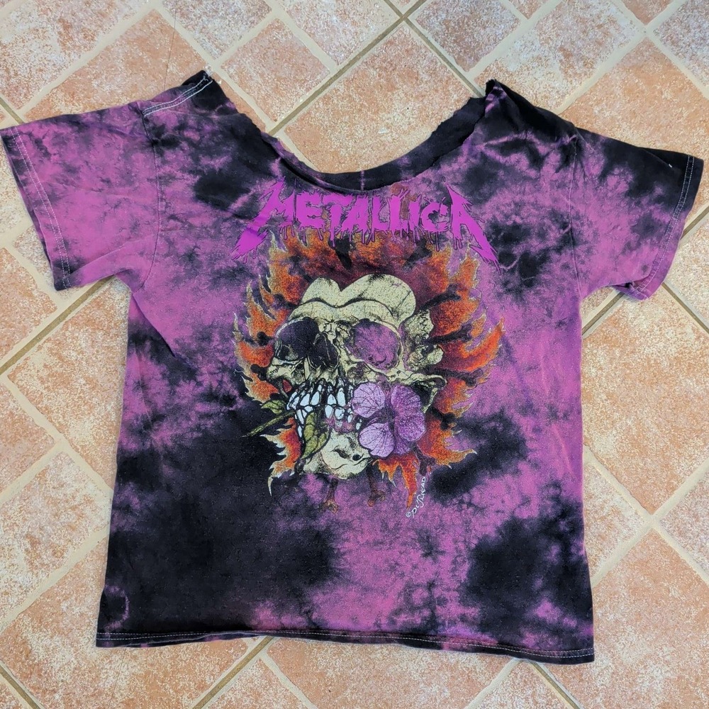 Iron Maiden Graphic T-Shirt Women M Purple Tie Dye Cut Neckline Heavy Metal Tee
